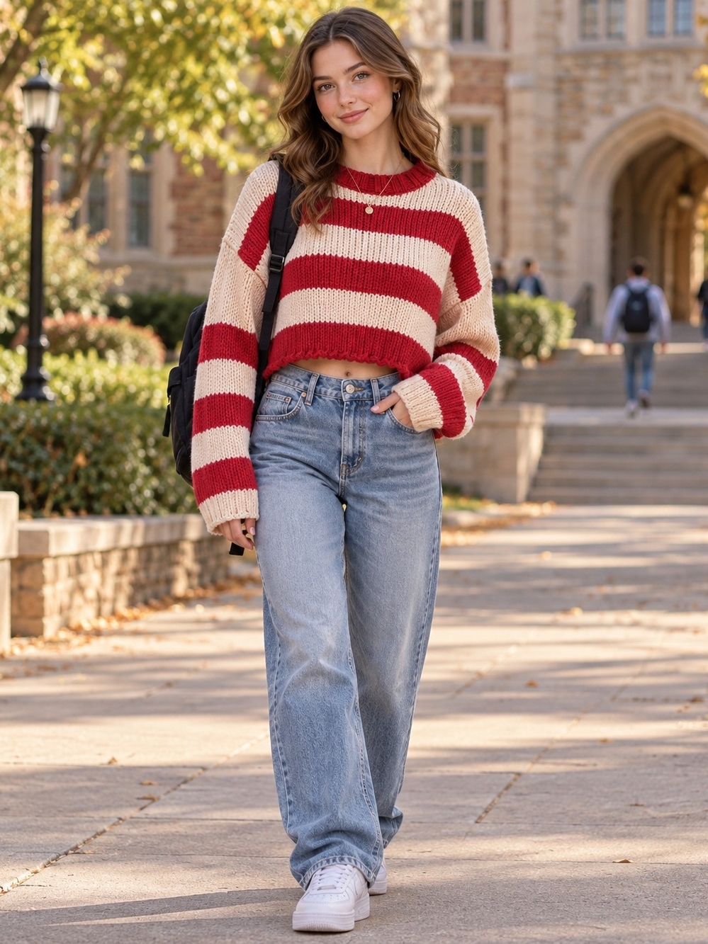 Edikted Ozzy Red Cream Striped Cropped Chunky Knit Sweater M/L